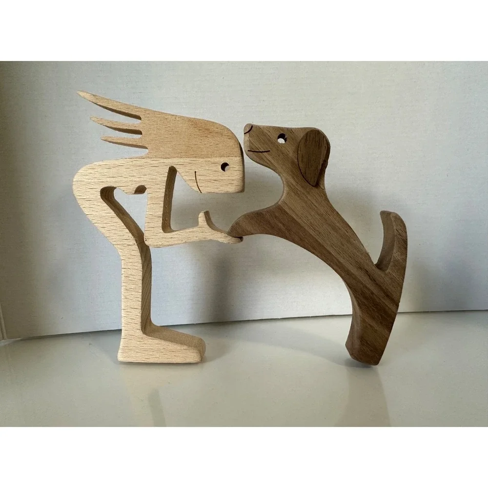 Woman & Dog Carved Wood Figurine Statue Best Friend Pet Dog Mom